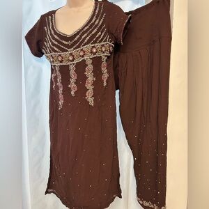 Brown Indian Salwar Kameez 3-Piece Set w/ Dupatta & Embellished Beading Size S